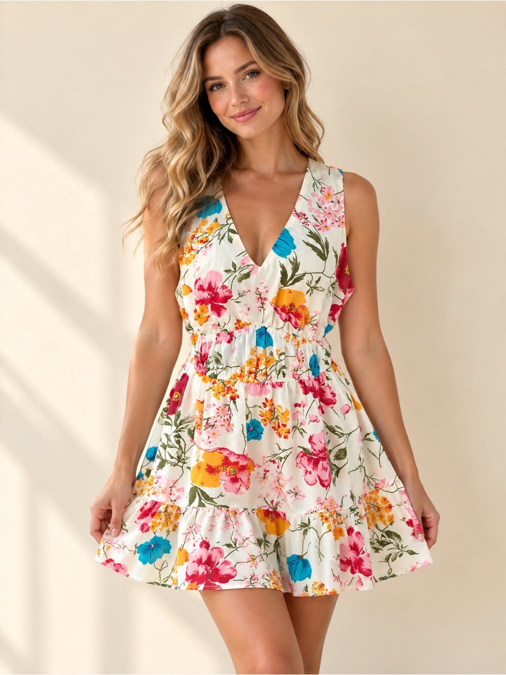 Cupshe White Floral V-Neck Tiered Mini Dress with Pink, Yellow & Blue Flowers